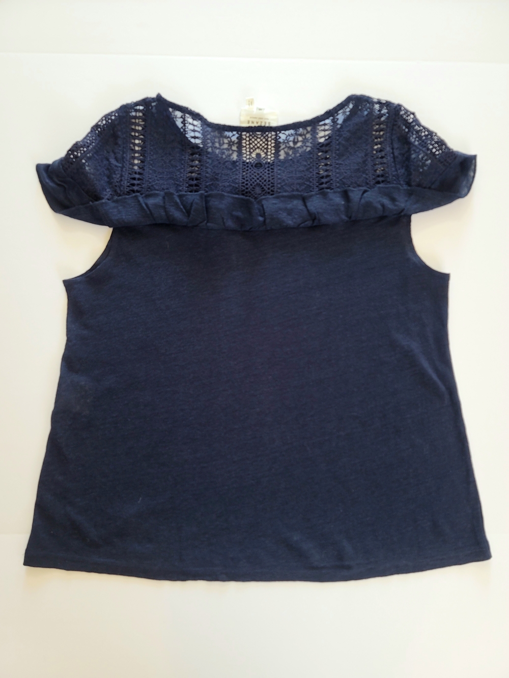 Sezane Lucette 100% Linen Lace and Ruffle T-shirt Top, Navy, Size M - Picture 9 of 9